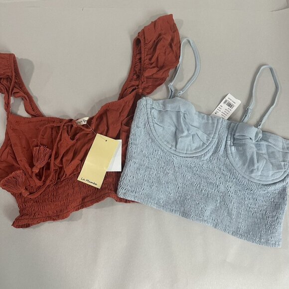 La Hearts Tops - NWT Lot of‎ 2 Babydoll Top Crop Women M Cotton Blend Smocked Boho Peasant